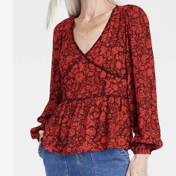 Knox Rose Blouse Top Boho Red Metallic  Floral Long Sleeve NWT Large - Picture 1 of 10